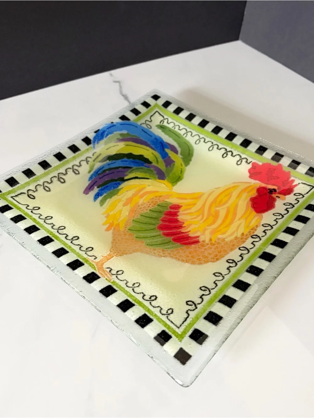 Square Rooster Plate with Black & White Checked Pattern by Peggy Karr